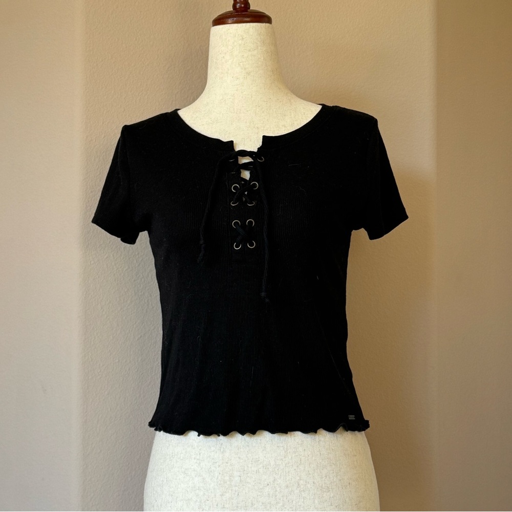 Hollister Black Lace-Up Short Sleeve Top